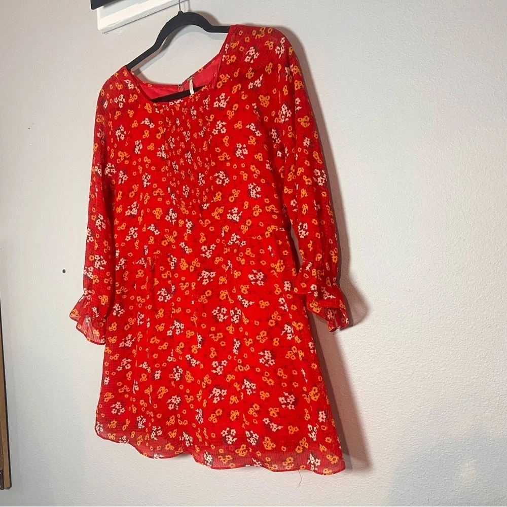 Free People Babydoll Mini Dress Red Floral Long Sleeve Lined Size 4